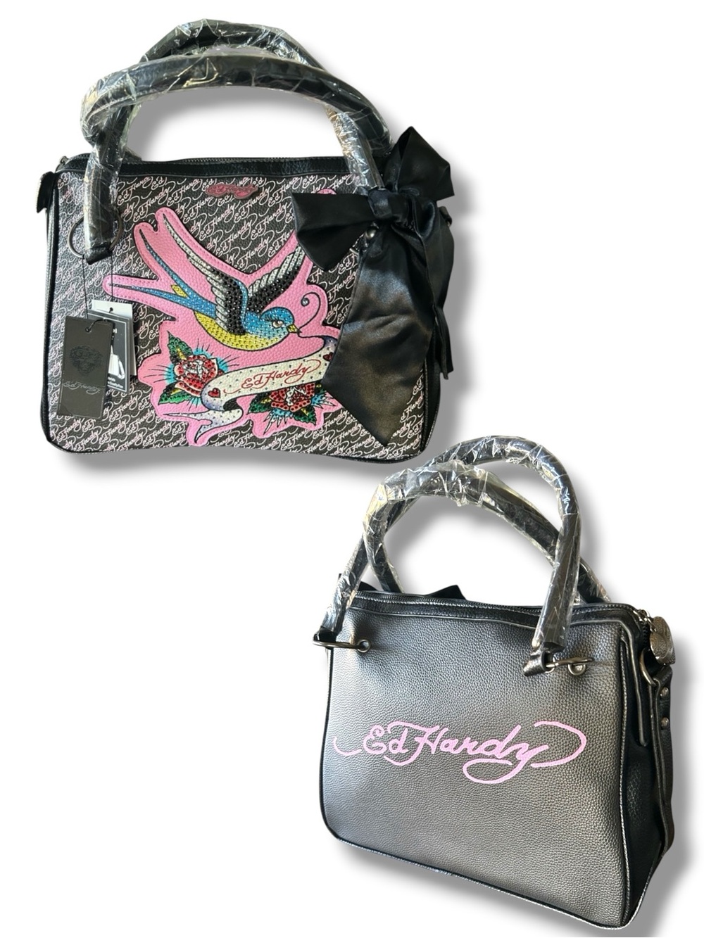 Ed Hardy Pink Rhinestone Embellished Swallow Bow Satchel Bag